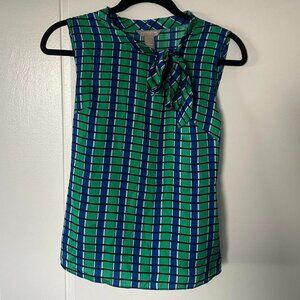 Banana Republic Kelly green royal blue plaid sleeveless tank top blouse with bow